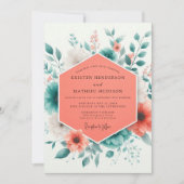 Coral Teal Spring Bloom Wedding 招待状 (正面)