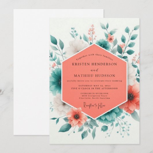 Coral Teal Spring Bloom Wedding 招待状 (正面/裏面)
