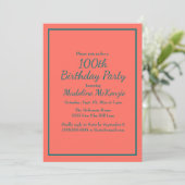 Coral Teal Striped 100th Birthday Party Invite 招待状 (スタンド正面)