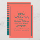 Coral Teal Striped 100th Birthday Party Invite 招待状 (正面/裏面)