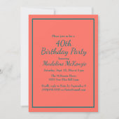 Coral Teal Striped 40th Birthday Party Invite 招待状 (正面)