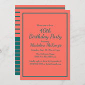Coral Teal Striped 40th Birthday Party Invite 招待状 (正面/裏面)