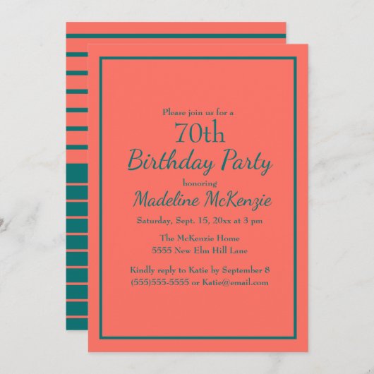 Coral Teal Striped 70th Birthday Party Invite 招待状 (正面/裏面)