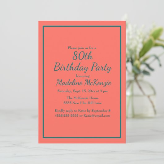 Coral Teal Striped 80th Birthday Party Invite 招待状 (スタンド正面)