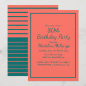 Coral Teal Striped 80th Birthday Party Invite 招待状 (正面/裏面)