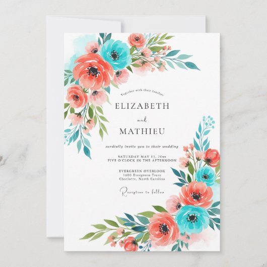 Coral Teal Whimsical Floral Wedding 招待状 (正面)