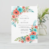 Coral Teal Whimsical Floral Wedding 招待状 (スタンド正面)
