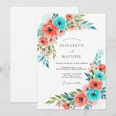 Coral Teal Whimsical Floral Wedding 招待状 (正面/裏面)
