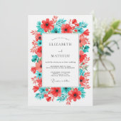 Coral Turquoise Floral Bloom Wedding 招待状 (スタンド正面)