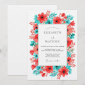 Coral Turquoise Floral Bloom Wedding 招待状 (正面/裏面)