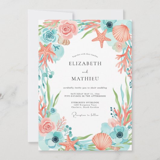 Coral Whimsical Coastal Wedding 招待状 (正面)
