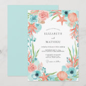 Coral Whimsical Coastal Wedding 招待状 (正面/裏面)