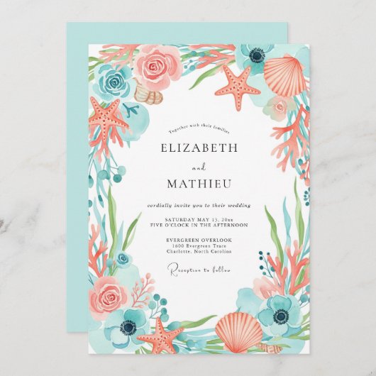 Coral Whimsical Coastal Wedding 招待状 (正面/裏面)