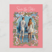 Coral Wildflower Bird 縁ど Save the Date Photo ポストカード (正面)
