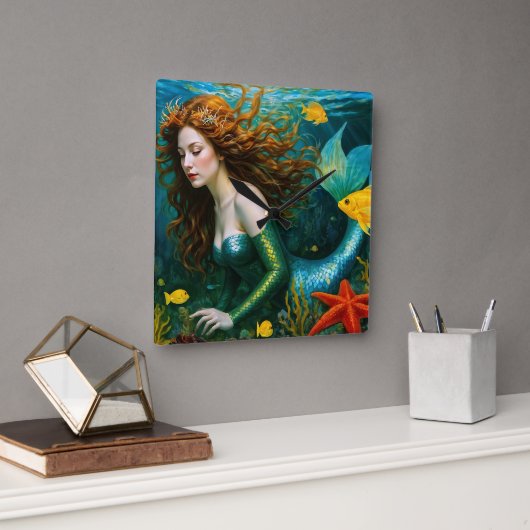 "Coralyn" – 美しい神秘的な人魚 スクエア壁時計 (オフィス)