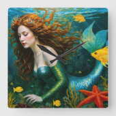 "Coralyn" – 美しい神秘的な人魚 スクエア壁時計 (正面)