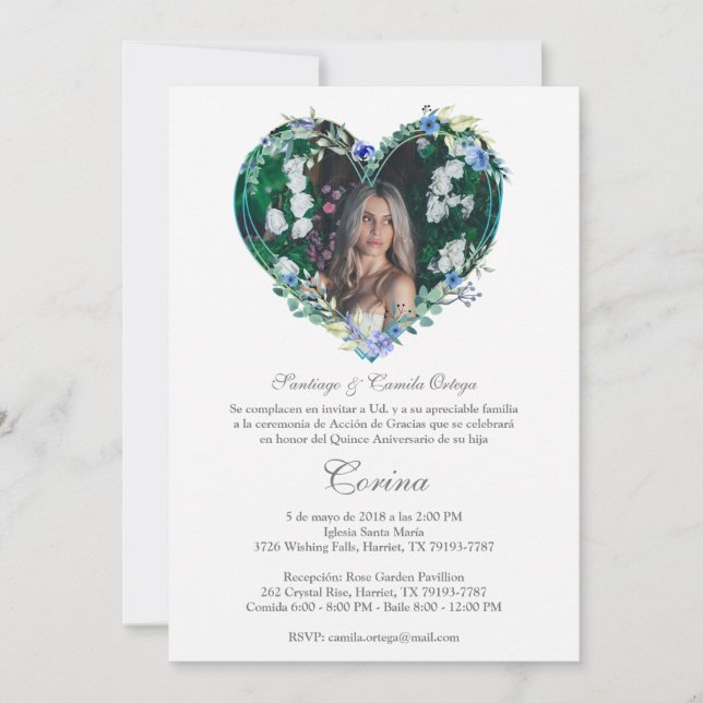 Corazón Floral en Azul con Foto de Quinceañera (正面)