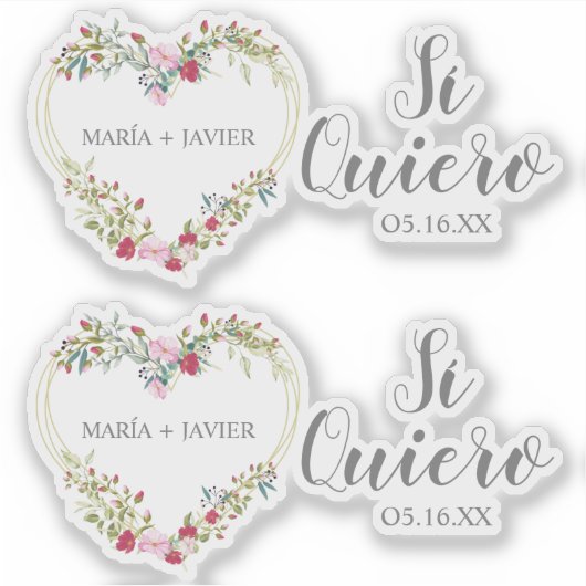 Corazón Floral Sí Quiero Español para Boda シール (正面)