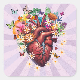 Corazon vintage entre flores e mariposas. スクエアシール