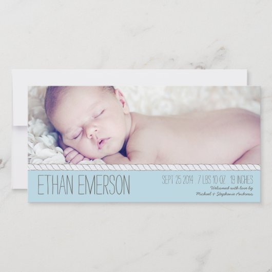 Corded Blue男の赤ちゃん写真誕生のお知らせ 案内状 (正面)