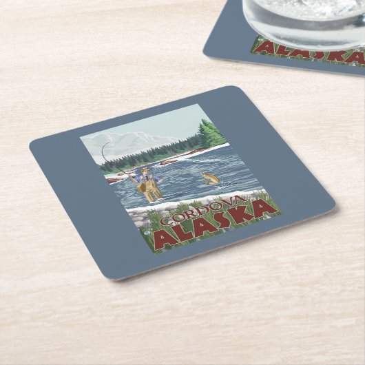 Cordova、アラスカ-はえの漁師 スクエアペーパーコースター (アングル)