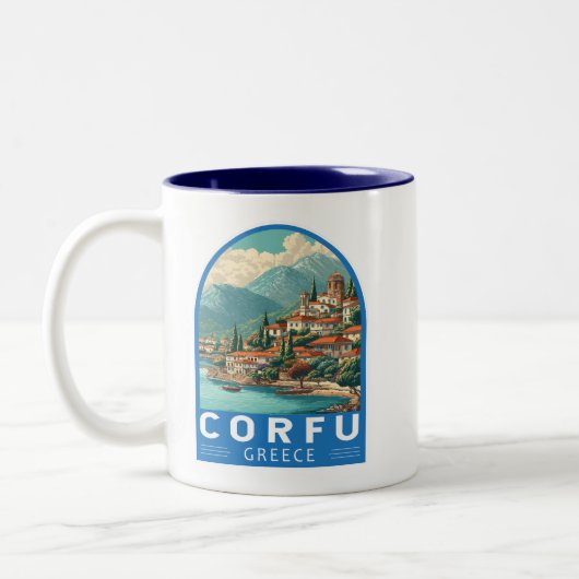 Corfu Greece Travel Art Emblem ツートーンマグカップ (左)