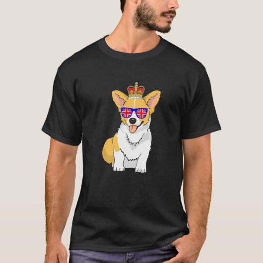 Corgiサングラスとクラウンイングランド英国国旗を着用 Tシャツ (正面)