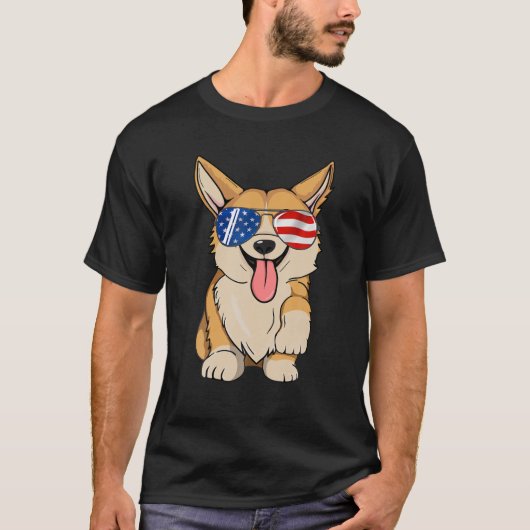 Corgi 4th Of 7月サングラスメンズUSAアメリカ Tシャツ (正面)