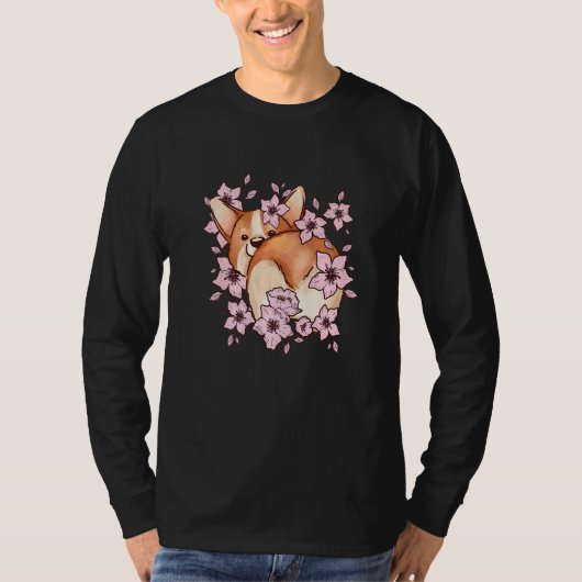 Corgi and corgi with sakura and cherry blossom tシャツ (正面)
