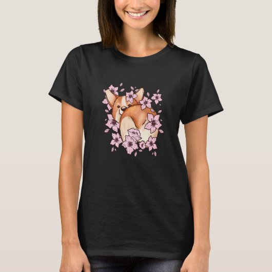Corgi and corgi with sakura and cherry blossom tシャツ (正面)