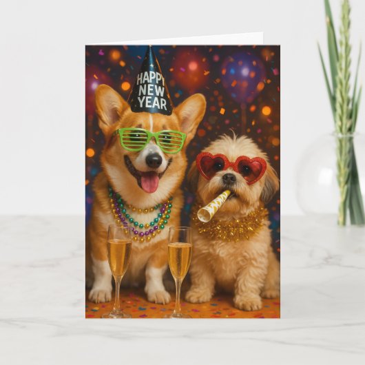Corgi and Shitzu Pups Celebrating New Years Card カード (正面)
