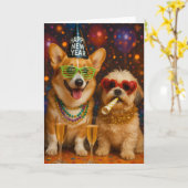 Corgi and Shitzu Pups Celebrating New Years Card カード (黄色い花)