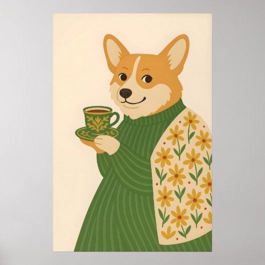 Corgi Art Print, Coffee, Floral Green Jacket, Dog ポスター (正面)