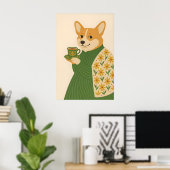 Corgi Art Print, Coffee, Floral Green Jacket, Dog ポスター (ホームオフィス)
