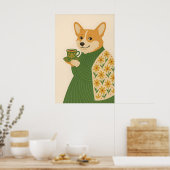 Corgi Art Print, Coffee, Floral Green Jacket, Dog ポスター (キッチン)