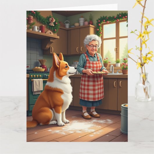 Corgi Baking with Grandma Christmas Painting カード (黄色い花)