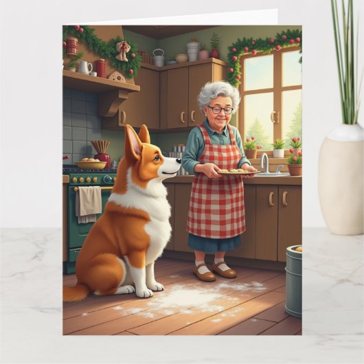 Corgi Baking with Grandma Christmas Painting カード (正面)