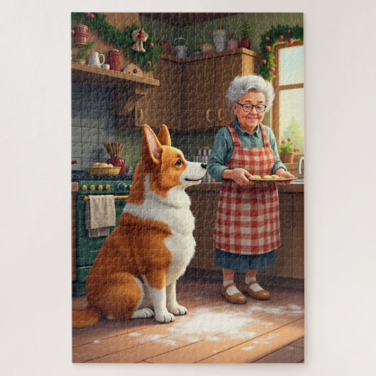 Corgi Baking with Grandma Christmas Painting ジグソーパズル (縦)