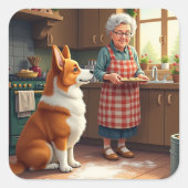 Corgi Baking with Grandma Christmas Painting スクエアシール (正面)