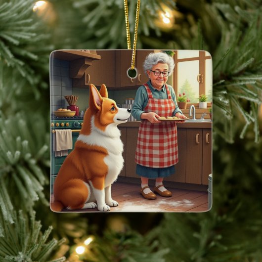 Corgi Baking with Grandma Christmas Painting セラミックオーナメント (ツリー)