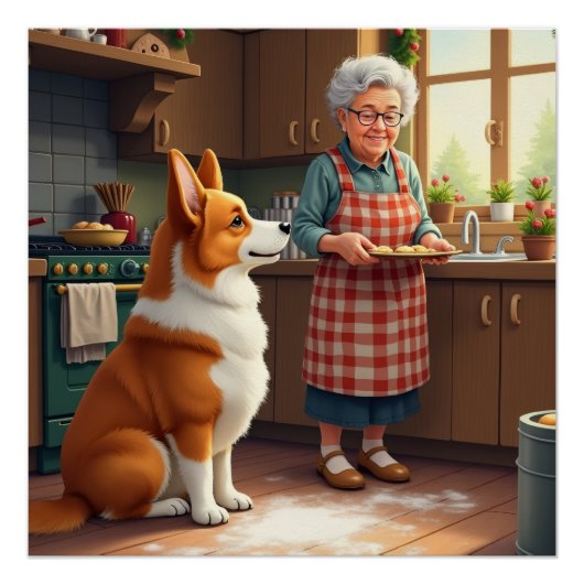 Corgi Baking with Grandma Christmas Painting ポスター (正面)