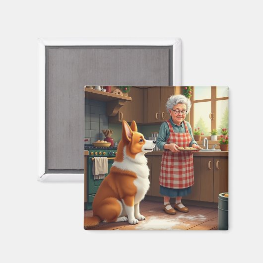 Corgi Baking with Grandma Christmas Painting マグネット (正面/裏面)