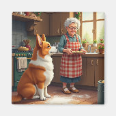 Corgi Baking with Grandma Christmas Painting マグネット (正面)