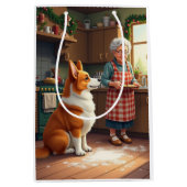 Corgi Baking with Grandma Christmas Painting ミディアムペーパーバッグ (正面)