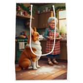 Corgi Baking with Grandma Christmas Painting ミディアムペーパーバッグ (裏面)