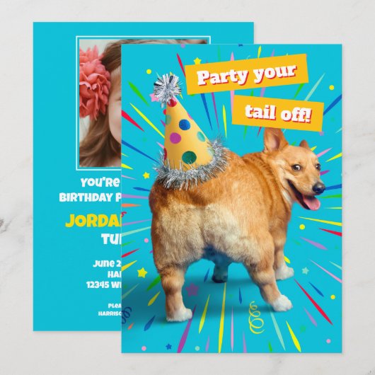 Corgi Butt Birthday Hat 招待状 (正面/裏面)