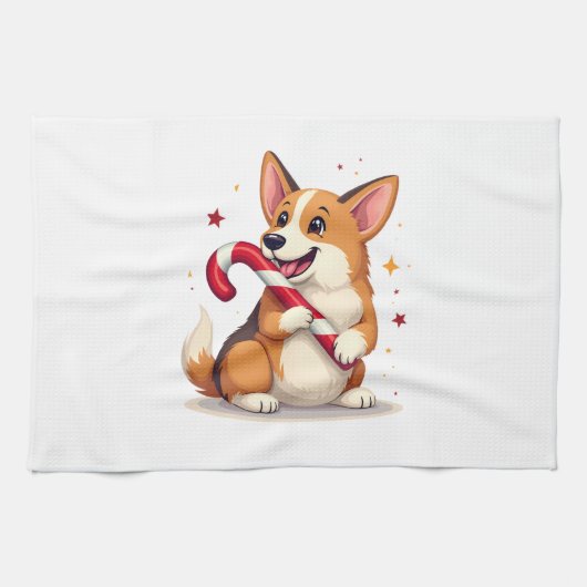 Corgi Candy Cane Joy キッチンタオル (横)
