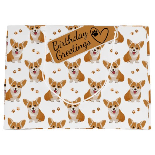 Corgi Cartoon Patternとあいさつカスタムき ラージペーパーバッグ (正面)