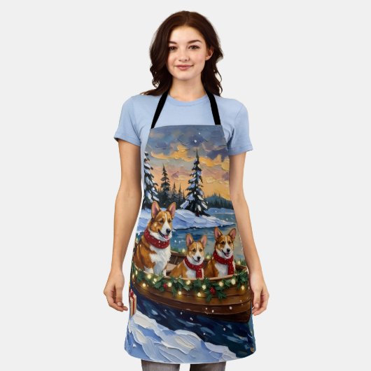 Corgi Christmas Boat Holiday エプロン (着用した状態)