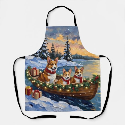 Corgi Christmas Boat Holiday エプロン (正面)